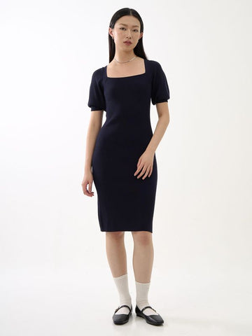 Square Neck Puff Sleeve Knit Dress
