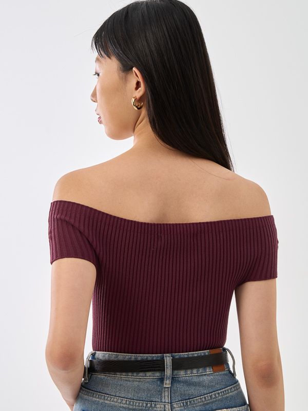 Off Shoulder Fitted Ribbed Knit Top