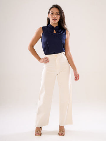 Mandarin Collar Sleeveless Top - Navy & Blush Pink