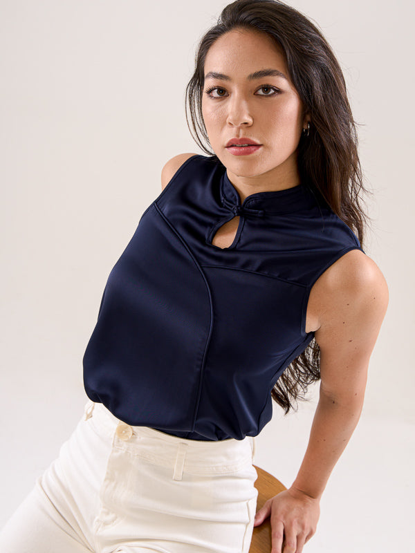 Mandarin Collar Sleeveless Top - Navy & Blush Pink