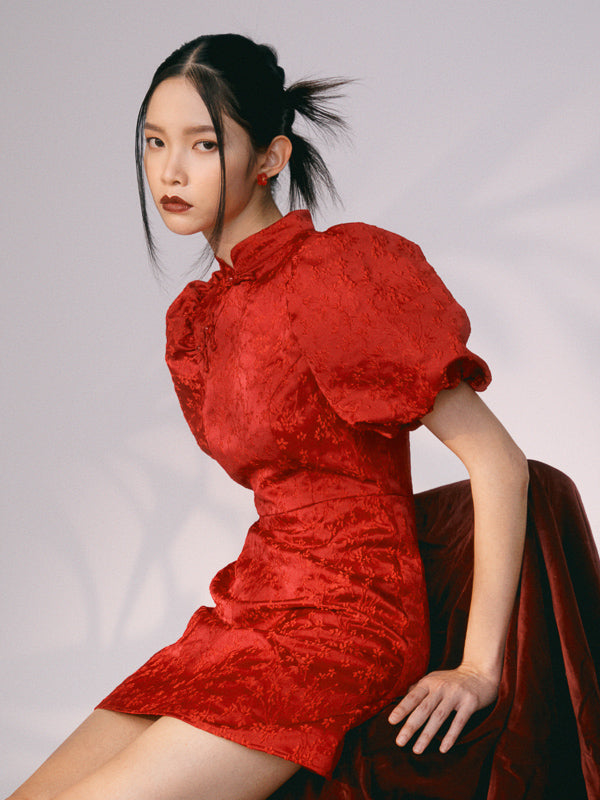 Puff Sleeve Mandarin Collar Short Dress
