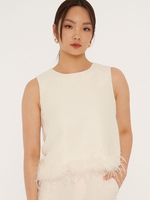 Feather Trimmed Sleeveless Top