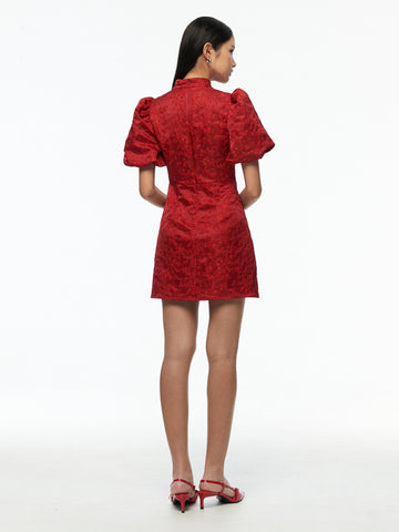 Puff Sleeve Mandarin Collar Short Dress