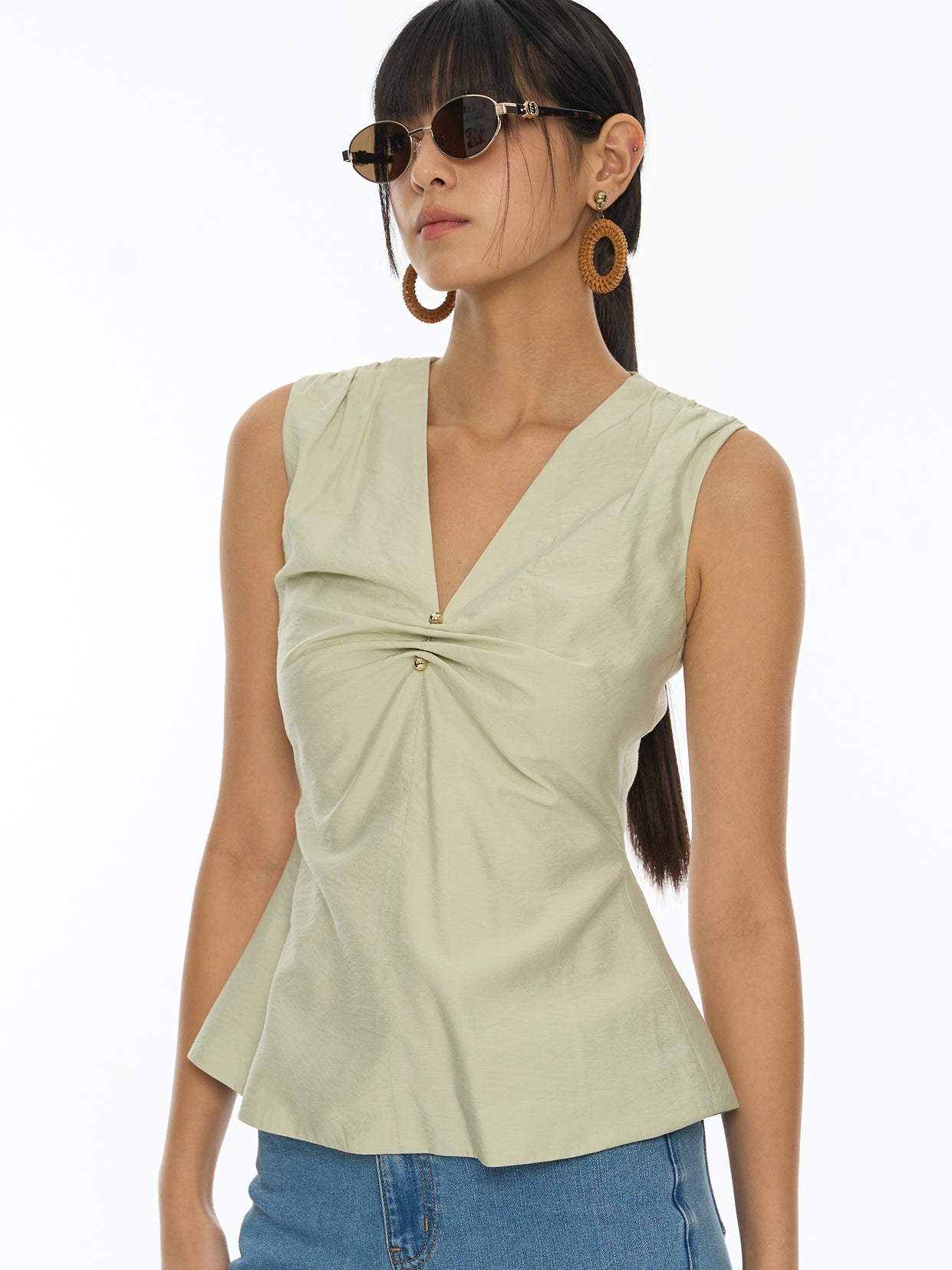 Front Gathered V-Neck Top