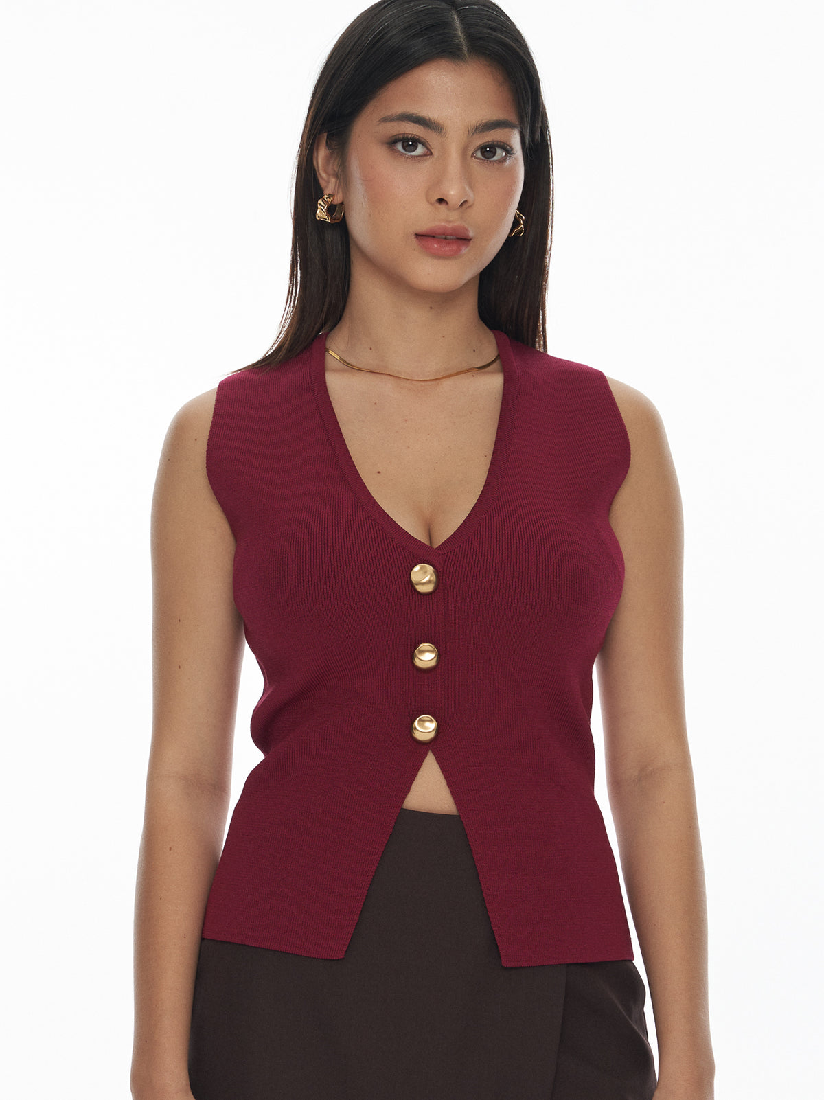 V-Neck Ribbed Knit Button Top