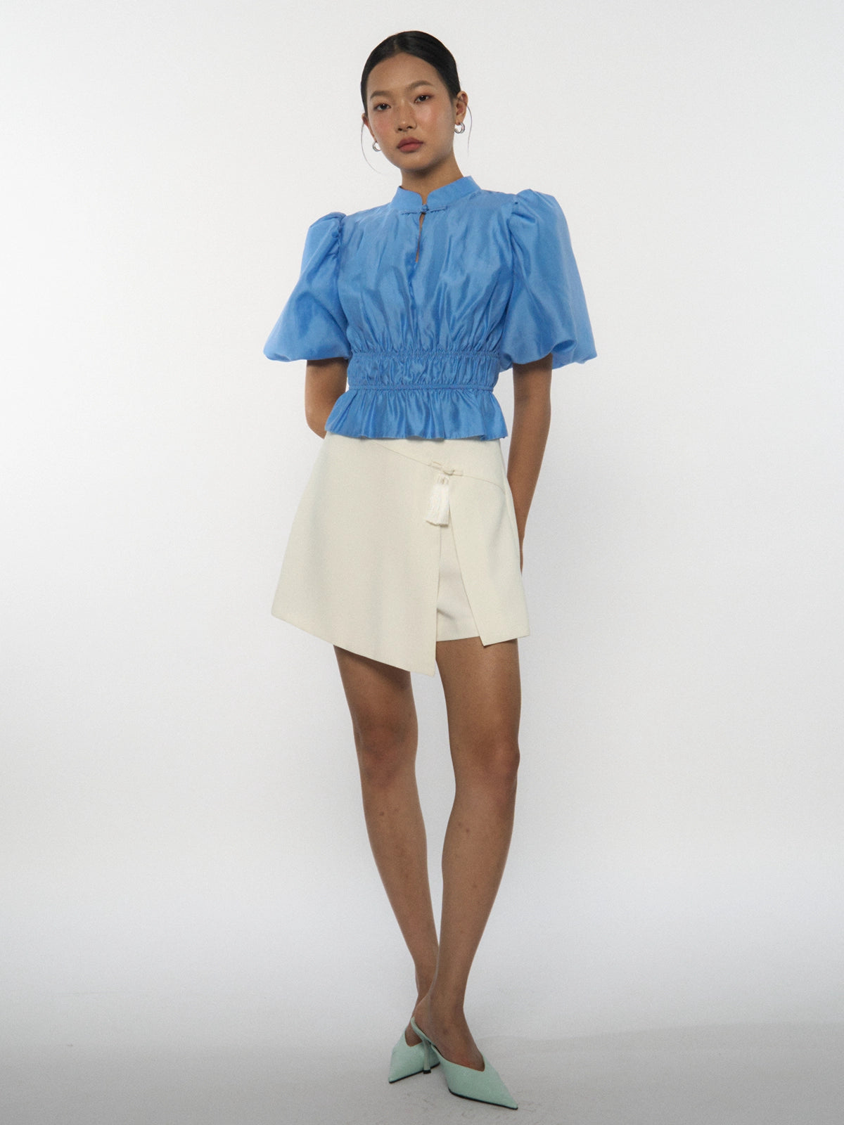 Puffed-Sleeve Gathered Blouse