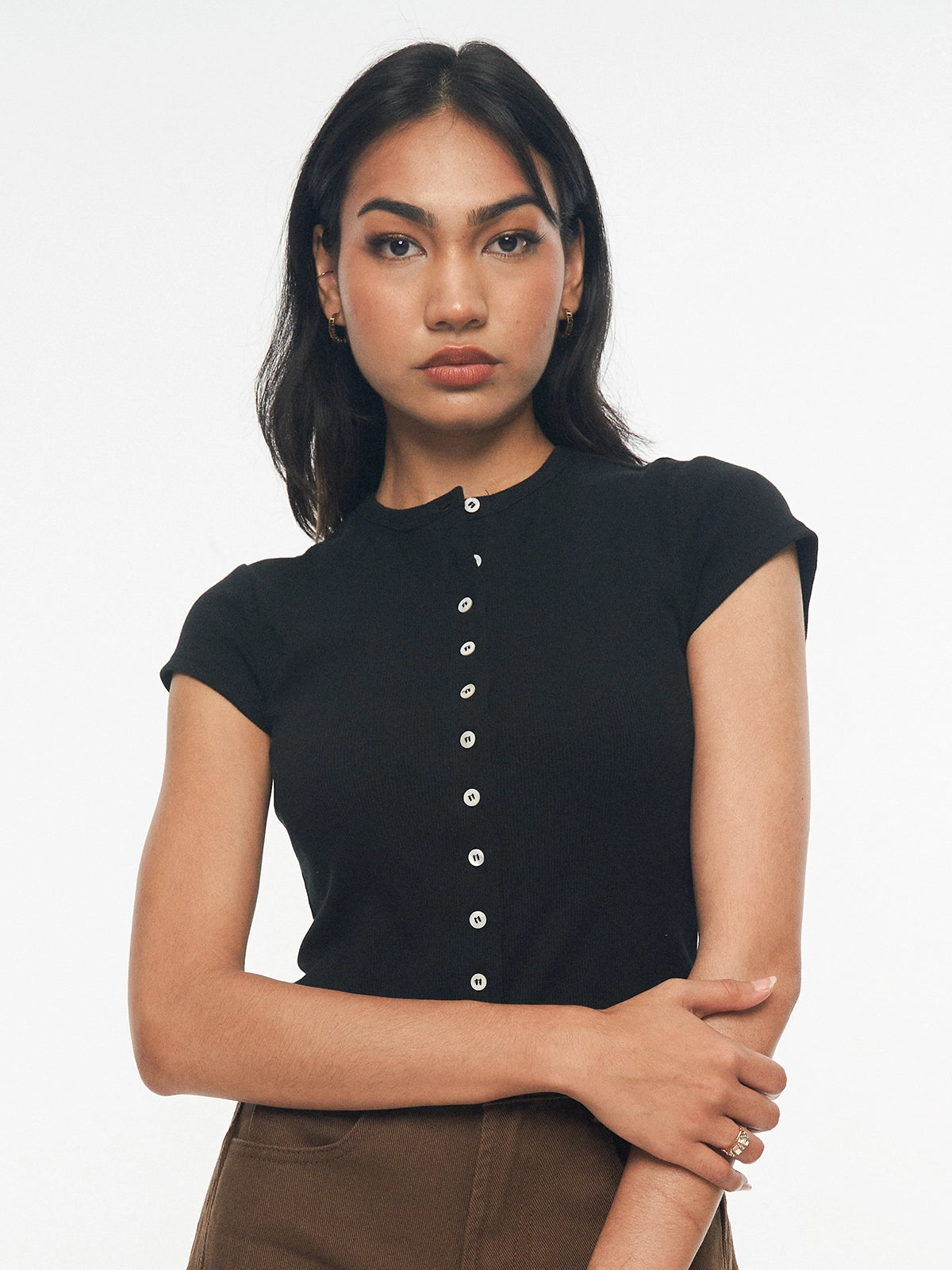 Ribbed Button-Front Knit Top