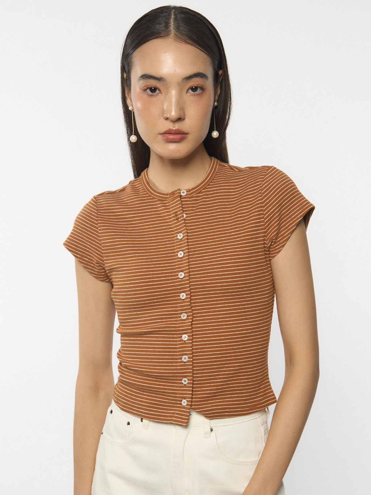 Ribbed Button-Front Knit Top