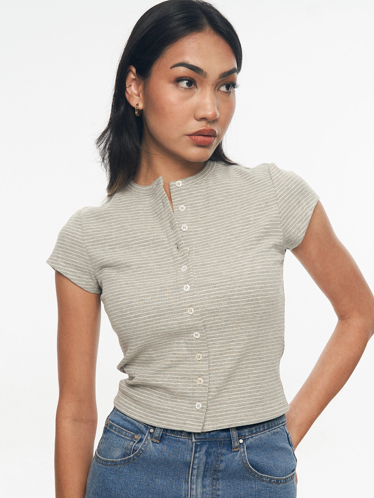Ribbed Button-Front Knit Top