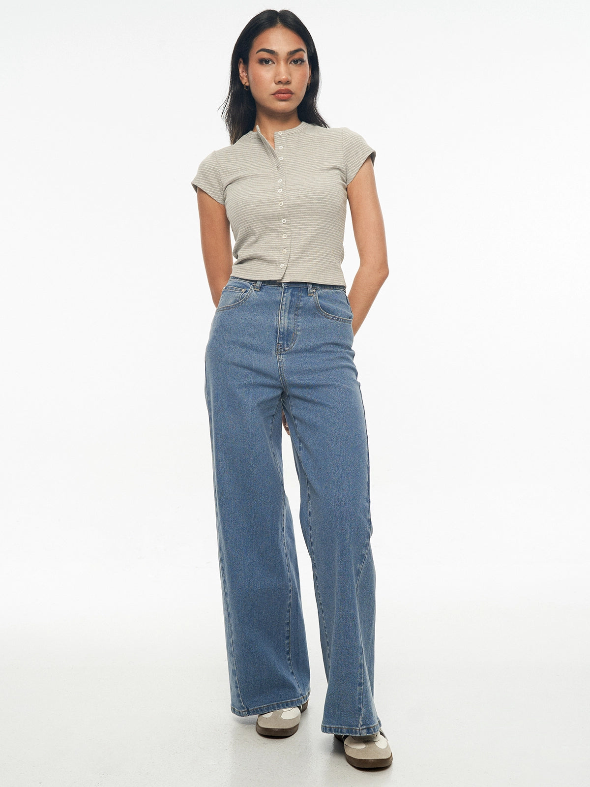 Ribbed Button-Front Knit Top