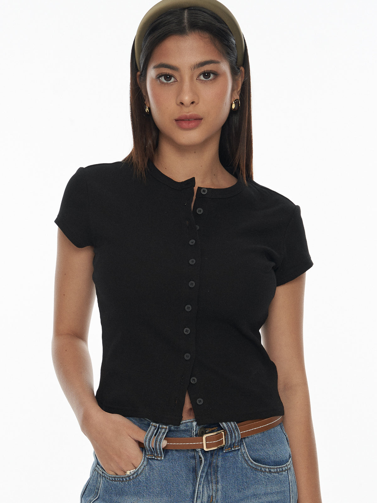 Ribbed Button-Front Knit Top
