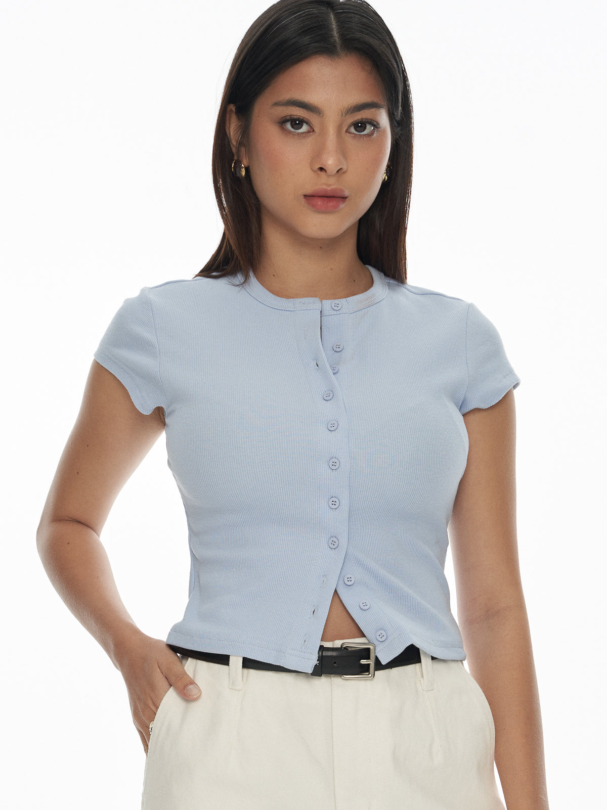 Ribbed Button-Front Knit Top