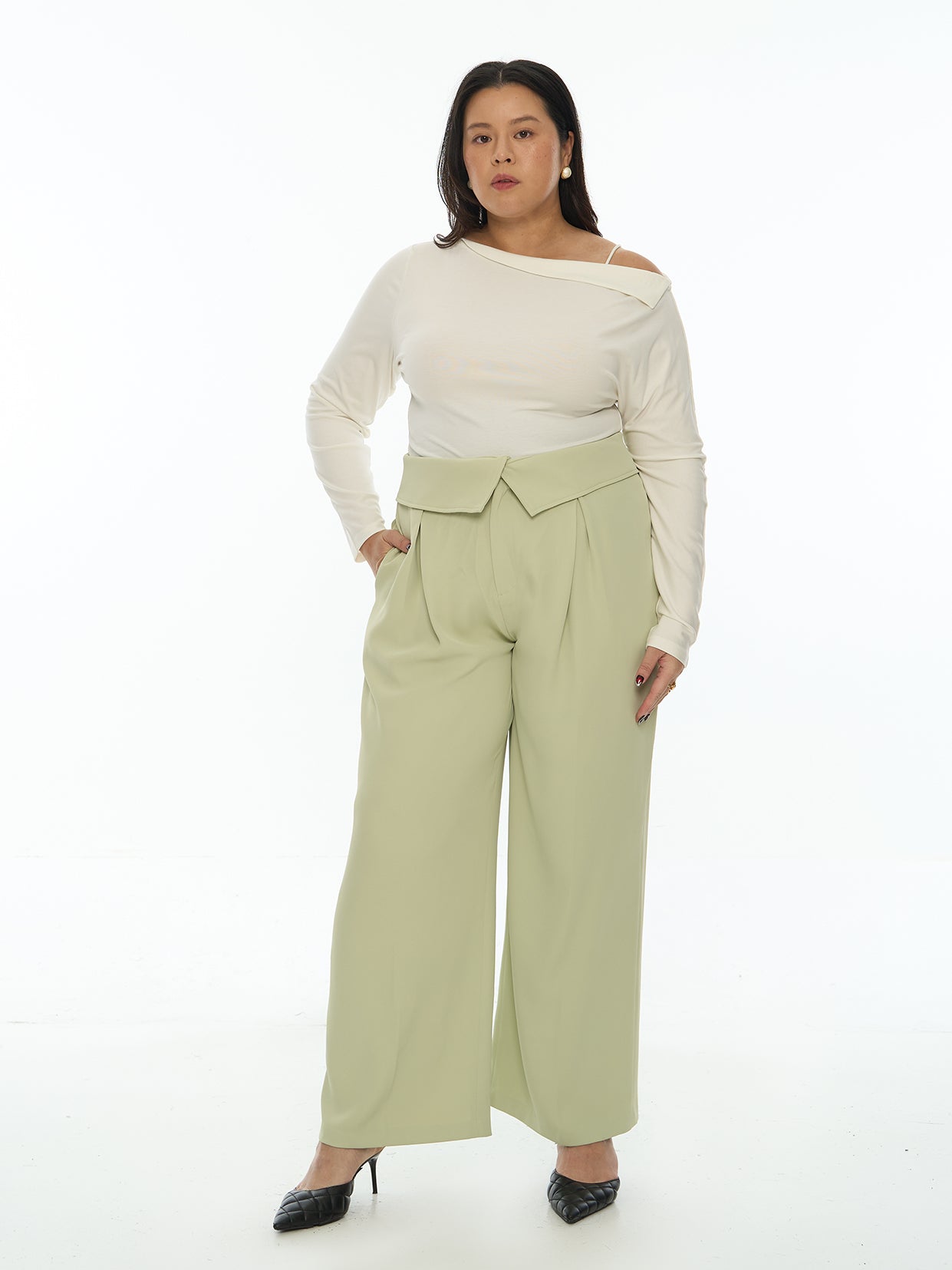 Waistband Flat Wide Leg Pants