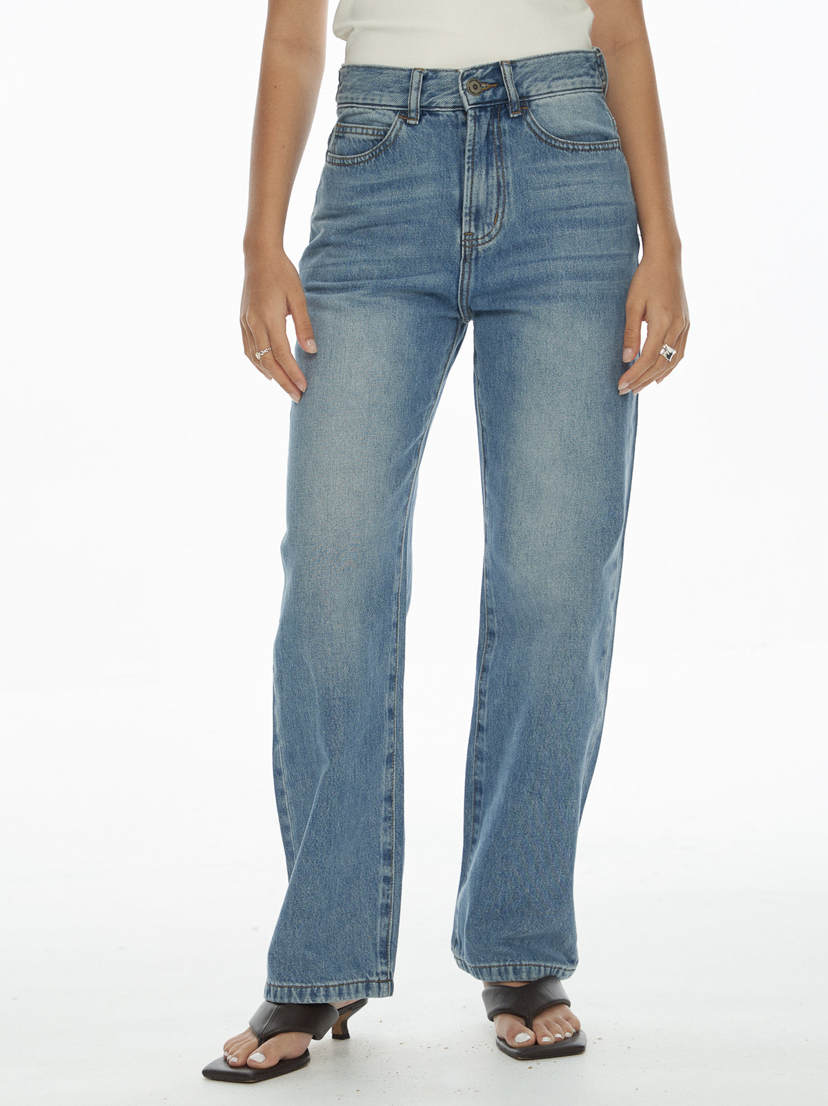 Tab Waist Straight Jeans Mid Blue