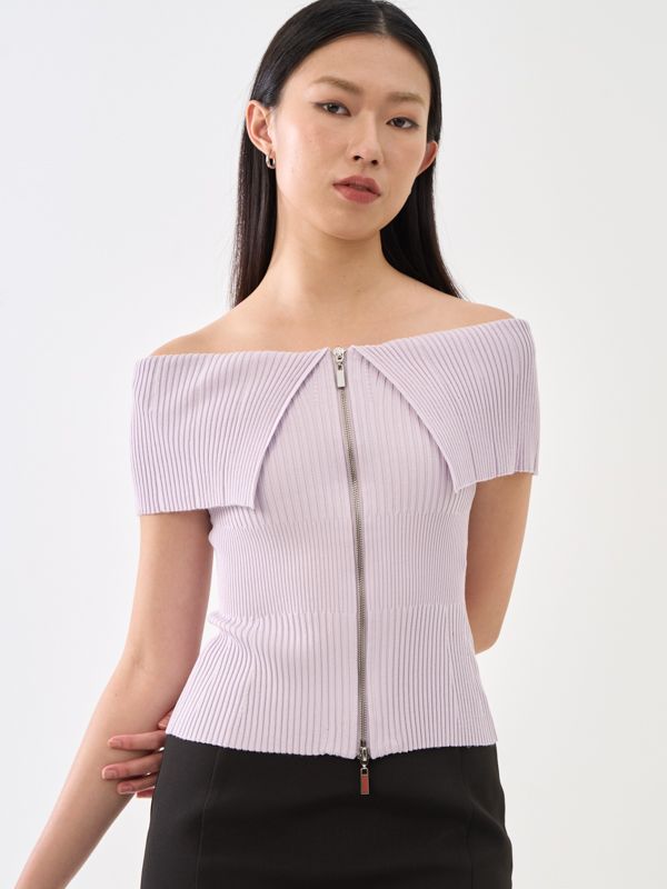 Zip Up Off Shoulder Knit Top