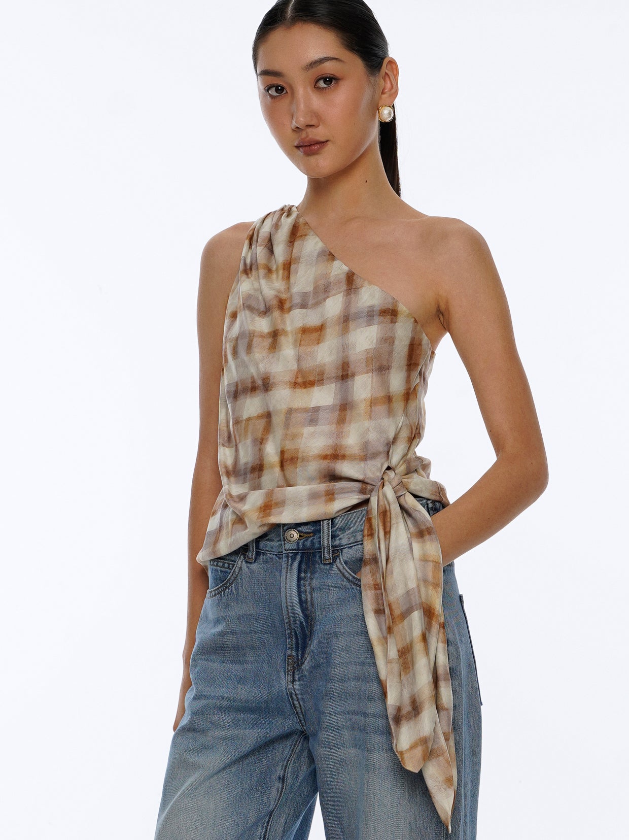One Shoulder Plaid Asymmetric Top