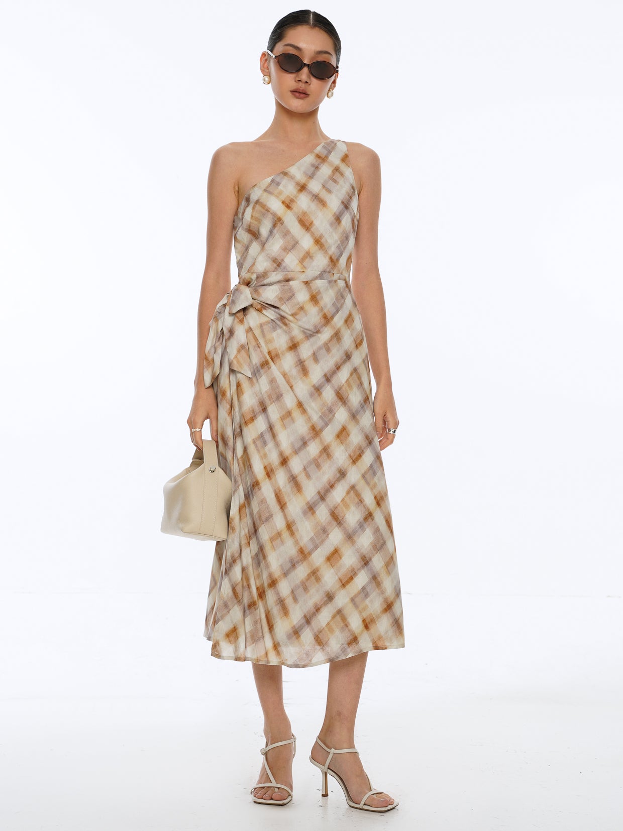 One Shoulder Plaid Wrap Dress
