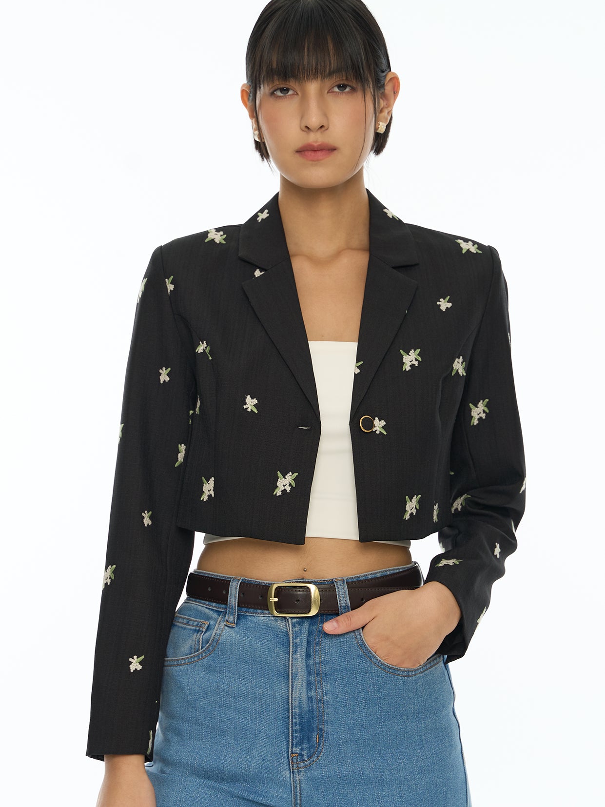 Floral-Embroidered Cropped Blazer