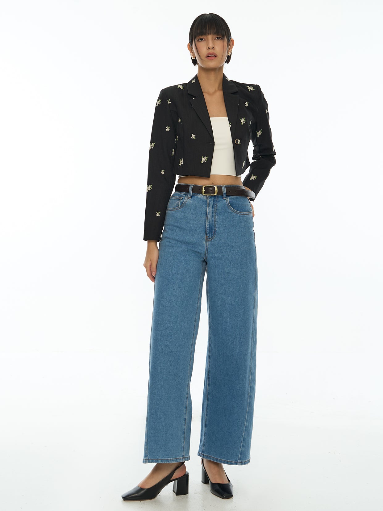 Floral-Embroidered Cropped Blazer