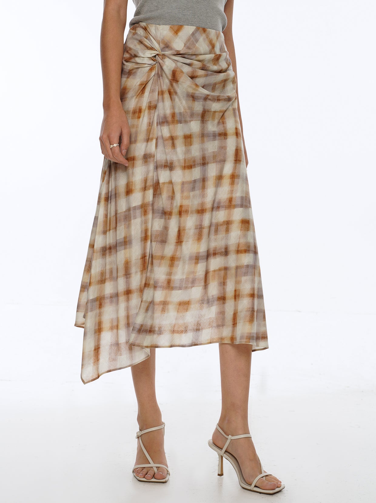 Plaid Knot-Front Midi Skirt