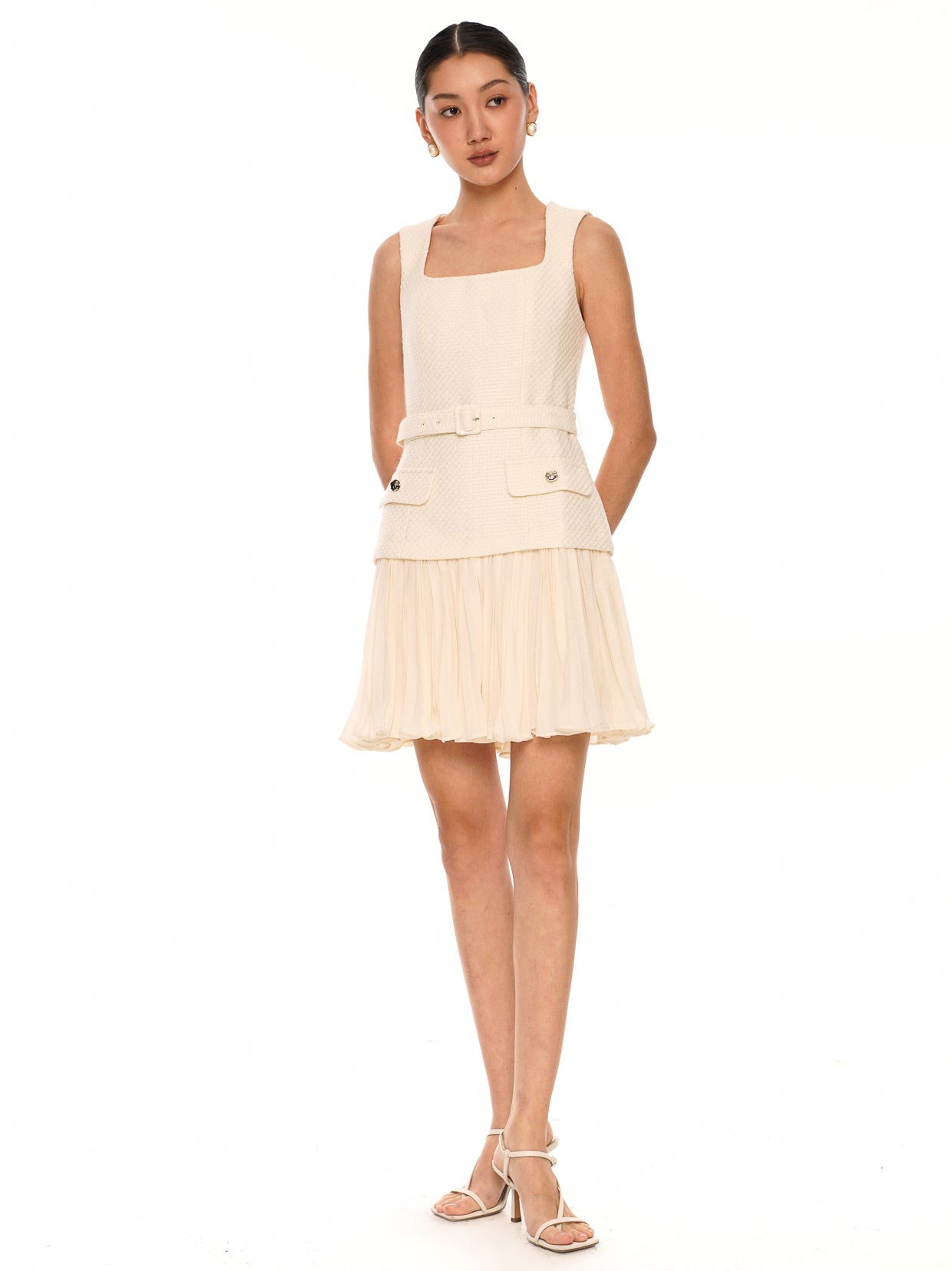 Faux Two-Piece Pleated Skirt Tweed Dress