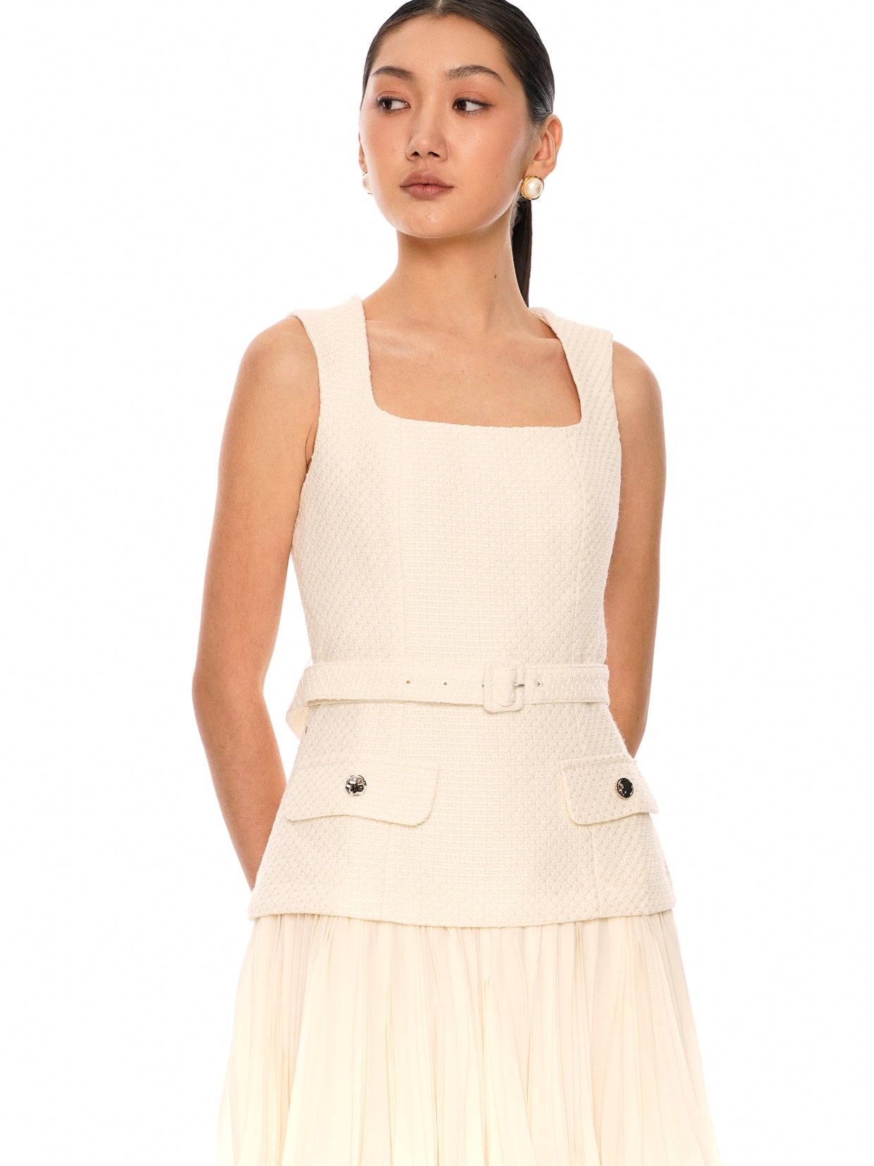 Faux Two-Piece Pleated Skirt Tweed Dress