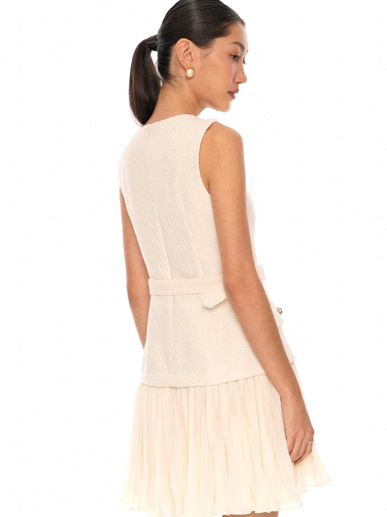 Faux Two-Piece Pleated Skirt Tweed Dress