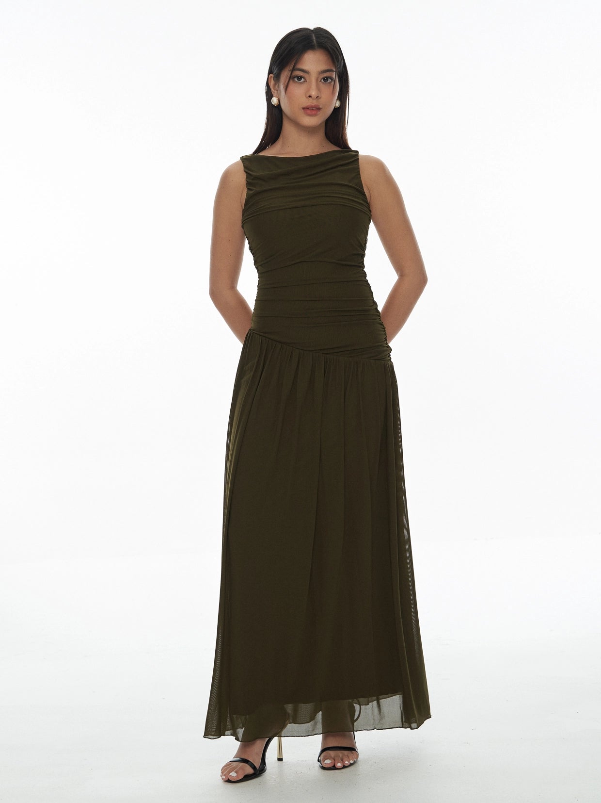 Boat Neck Ruched Maxi Dress