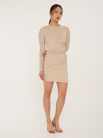 Glittery Long Sleeve Draped Mini Dress
