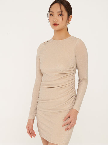Glittery Long Sleeve Draped Mini Dress