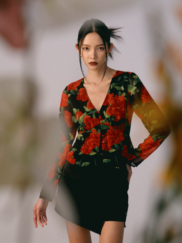 Printed V-Neck Long Sleeve Top