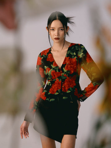 Printed V-Neck Long Sleeve Top