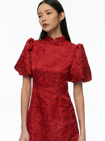 Puff Sleeve Mandarin Collar Short Dress