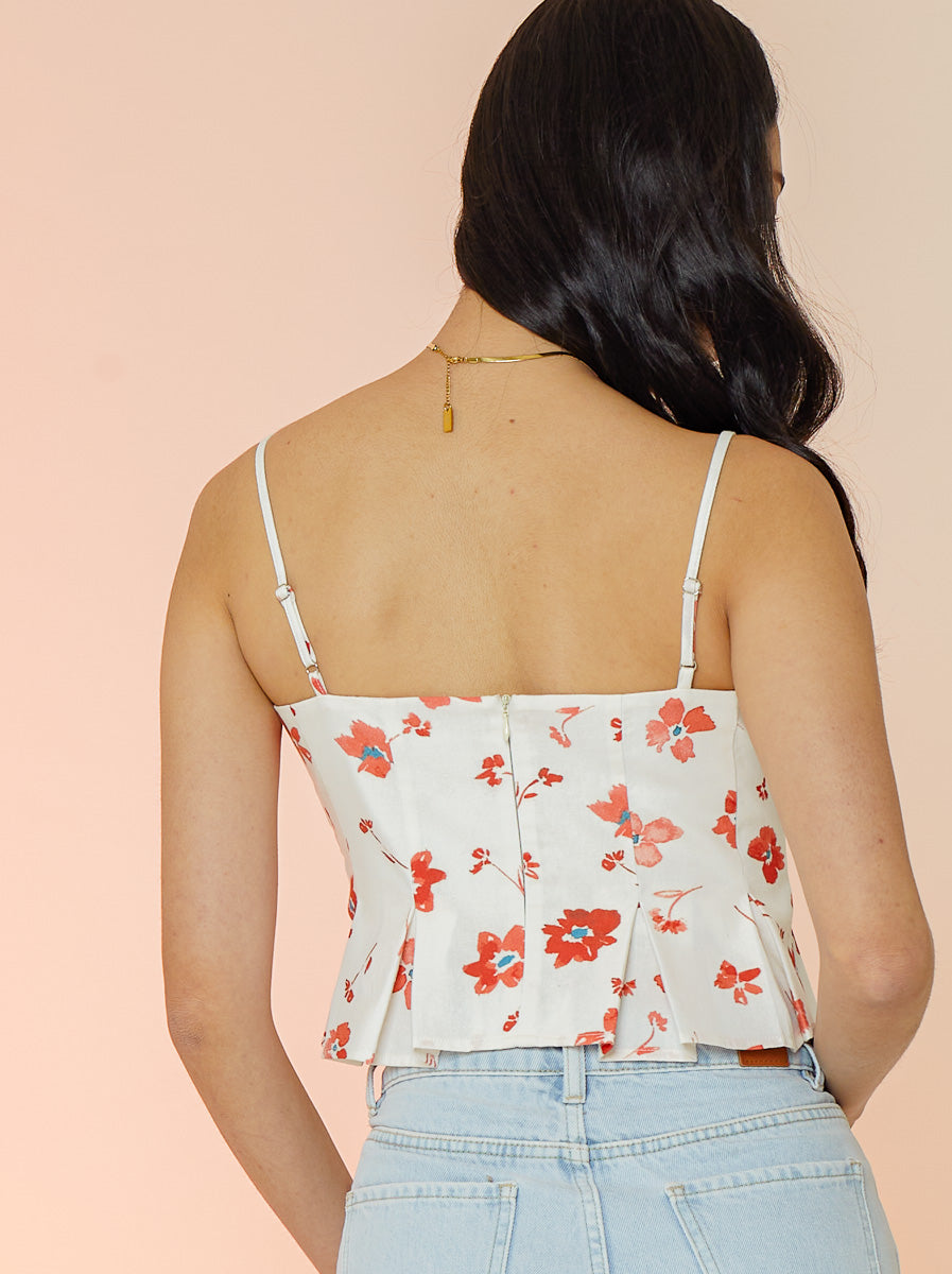 Printed Linen Boxed Pleat Crop Top