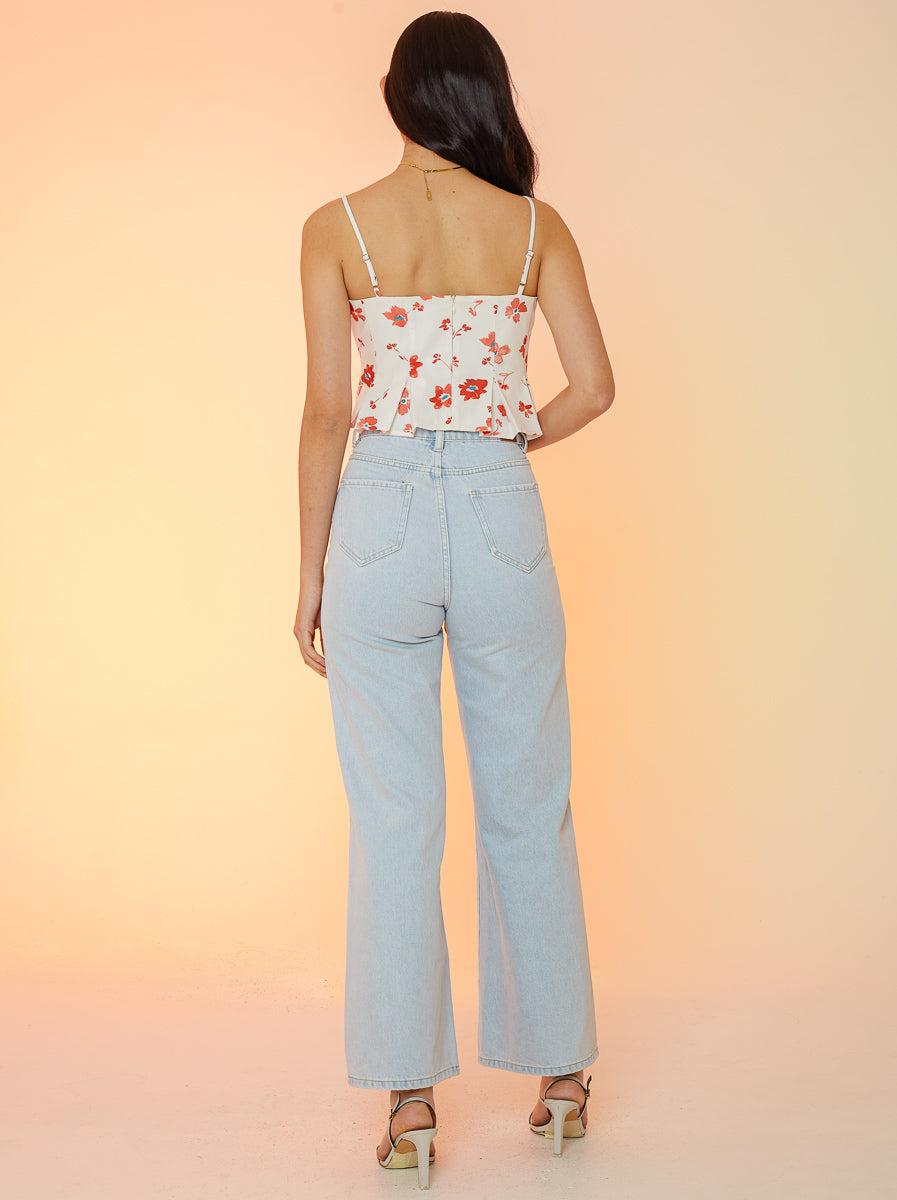 Printed Linen Boxed Pleat Crop Top