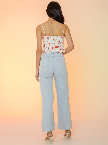 Printed Linen Boxed Pleat Crop Top