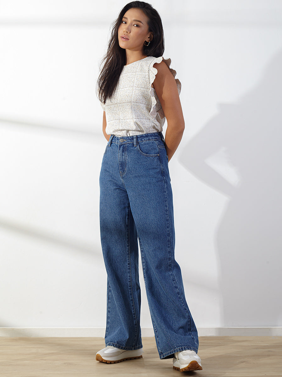 Round Neck Top With Ruffled Sleeve