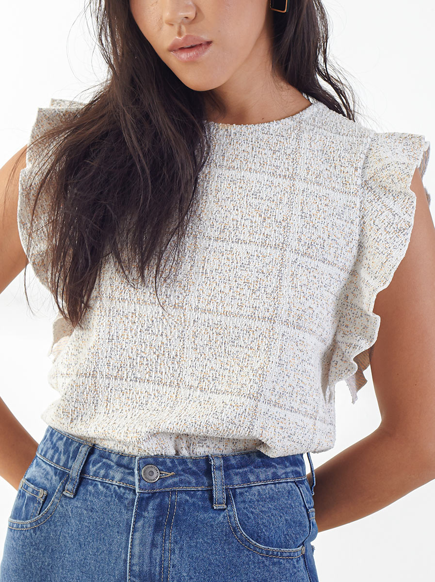 Round Neck Top With Ruffled Sleeve
