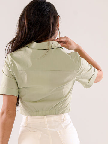 Cropped Gathered Shirt - Sage
