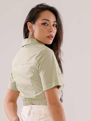 Cropped Gathered Shirt - Sage