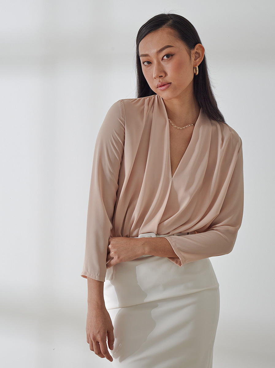 Pleated Deep-V Collar Top