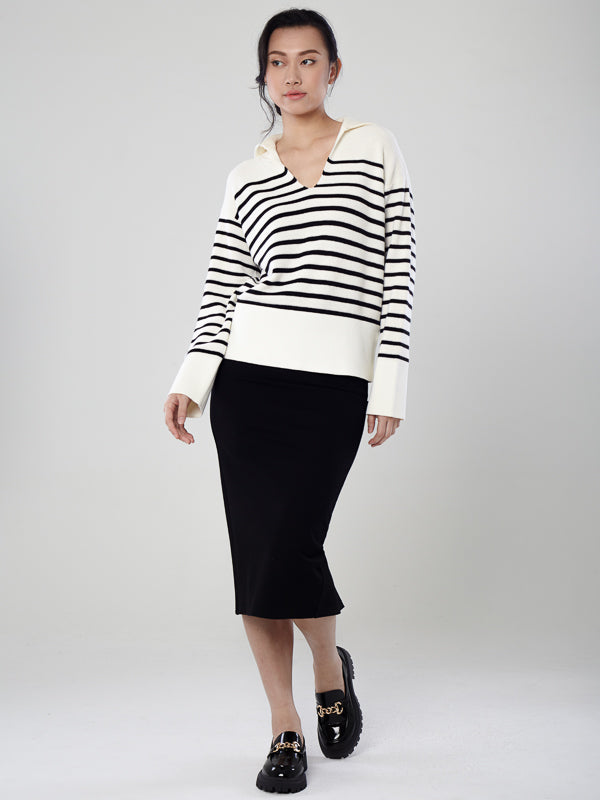 Polo Collar Stripe Knit Sweater