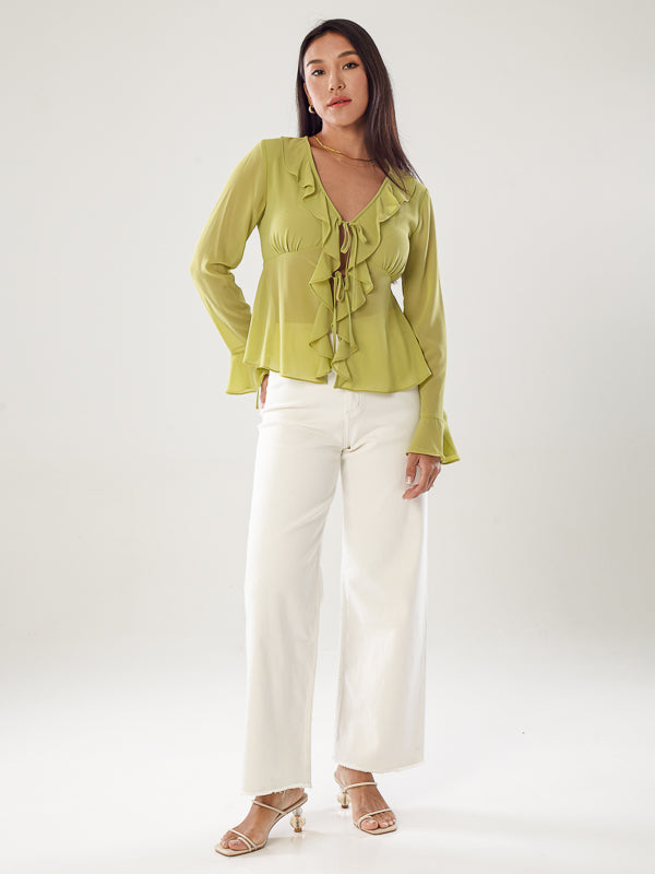 Semi-Sheer Blouse With Ruffle Trims
