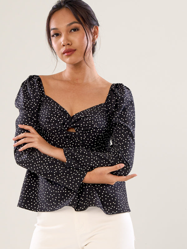 Open-Neck Long Sleeve Top - Black