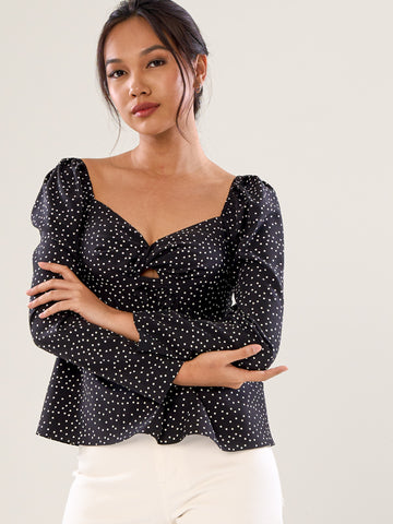 Open-Neck Long Sleeve Top - Black