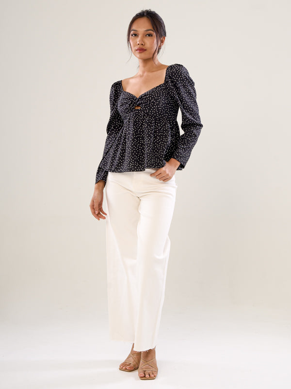 Open-Neck Long Sleeve Top - Black