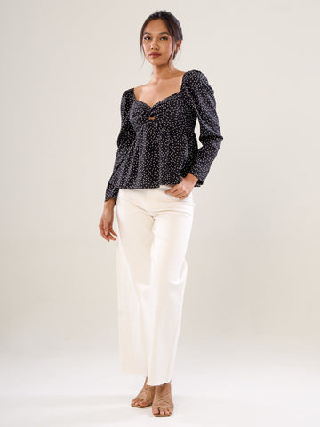 Open-Neck Long Sleeve Top - Black