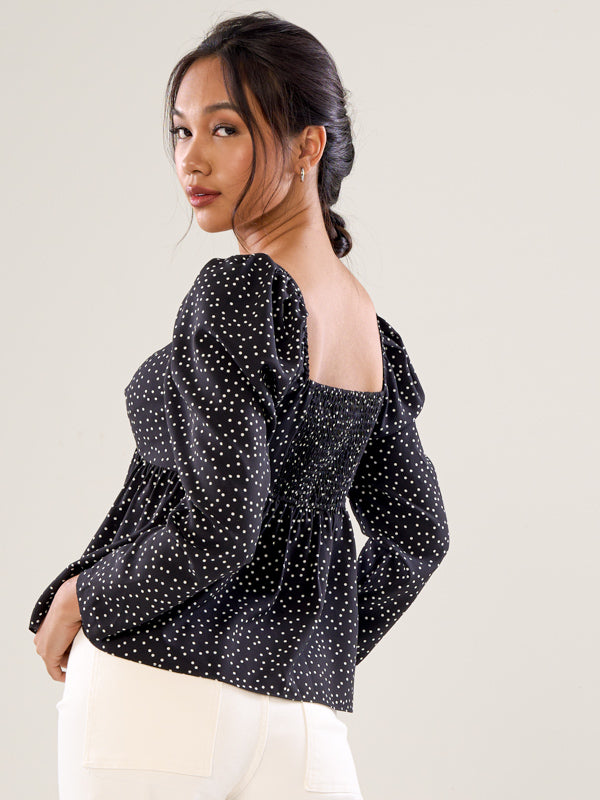 Open-Neck Long Sleeve Top - Black