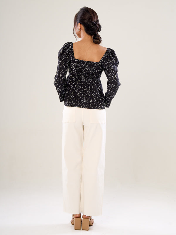 Open-Neck Long Sleeve Top - Black