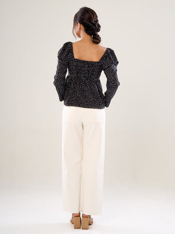 Open-Neck Long Sleeve Top - Black